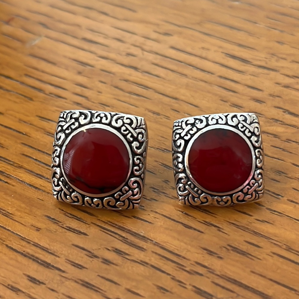 Square sterling silver stud earrings with beautiful deep red stones